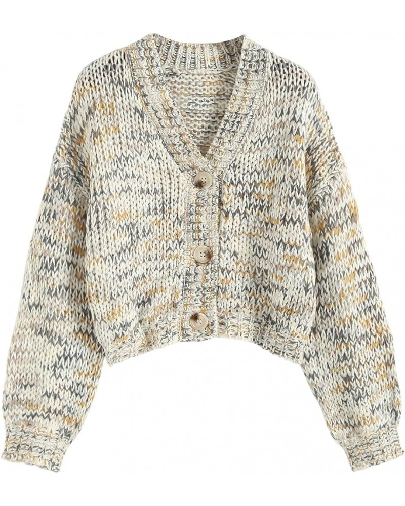 Womens Cardigan Sweater Outwear Trendy - Knitted V Neck Long Sleeve Crochet Cute Chunky Knit Cropped Jacket Yellowish Gray $1...