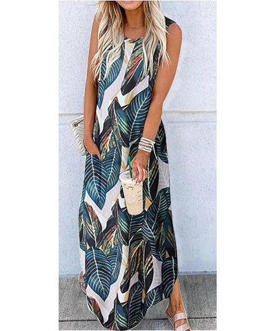 Women's 2023 Casual Loose Sundress Maxi Dress Sleeveless Summer Beach Long Dresses Tshirt Dress with Pockets Leaf $17.14 Dresses