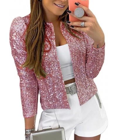 Women Open Front Sequin Jacket Puff Long Sleeve Short Blazer Casual Coat Pink $24.59 Blazers