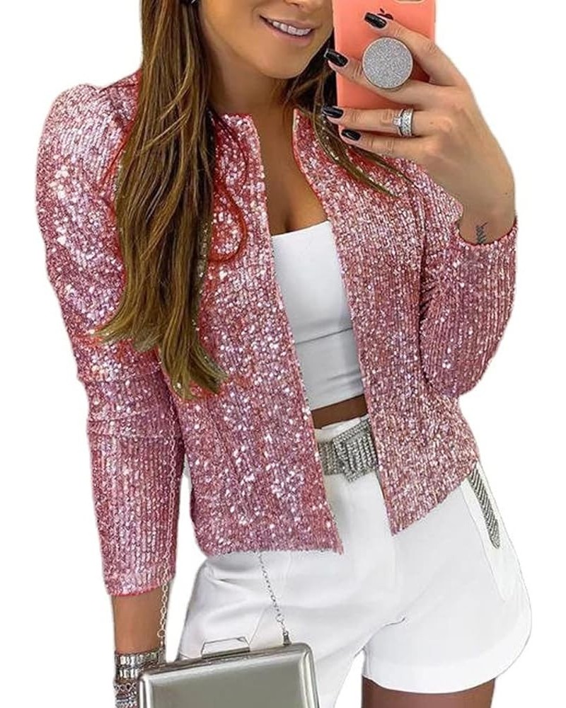 Women Open Front Sequin Jacket Puff Long Sleeve Short Blazer Casual Coat Pink $24.59 Blazers