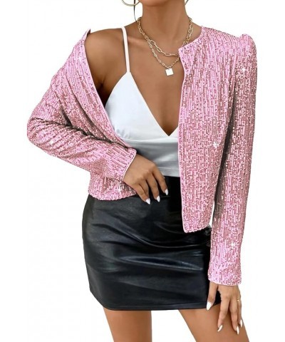 Women Open Front Sequin Jacket Puff Long Sleeve Short Blazer Casual Coat Pink $24.59 Blazers