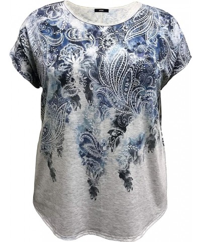 Women and Plus Size Crew Neck Dolman Short Sleeve Print Top (Small-5X) Water Color Blue Paisley / Lt. Heather Grey $8.31 Shirts