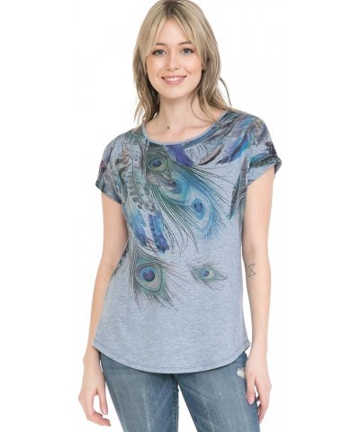 Women and Plus Size Crew Neck Dolman Short Sleeve Print Top (Small-5X) Water Color Blue Paisley / Lt. Heather Grey $8.31 Shirts