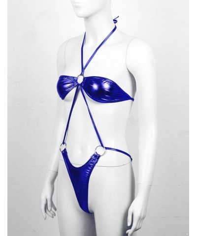 Women's Shiny Metallic Lingerie Sling Shot One-Piece Mini Bikini Thong Leotard Swimsuit Deep Blue $8.97 Swimsuits