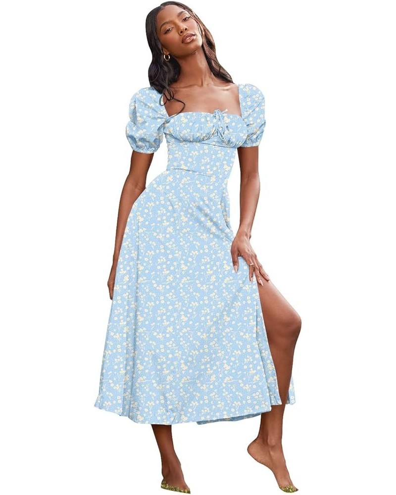 Women's Puff Sleeve Floral Maxi Dress Elegant Square Neck Cottagecore Boho Split Long Dresses Vintage A-line Dress A-010 $17....