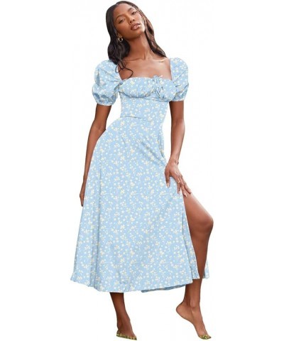 Women's Puff Sleeve Floral Maxi Dress Elegant Square Neck Cottagecore Boho Split Long Dresses Vintage A-line Dress A-010 $17....