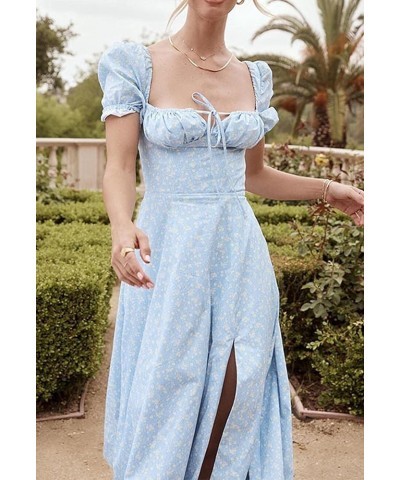 Women's Puff Sleeve Floral Maxi Dress Elegant Square Neck Cottagecore Boho Split Long Dresses Vintage A-line Dress A-010 $17....