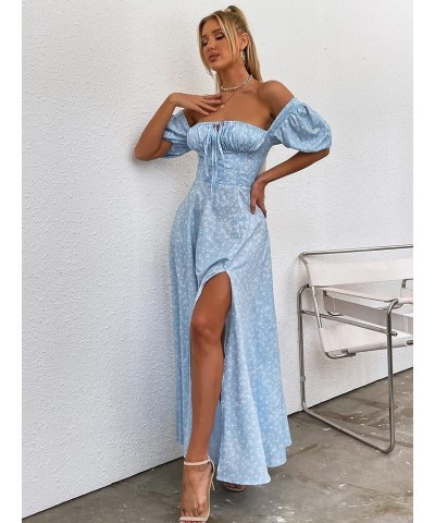 Women's Puff Sleeve Floral Maxi Dress Elegant Square Neck Cottagecore Boho Split Long Dresses Vintage A-line Dress A-010 $17....