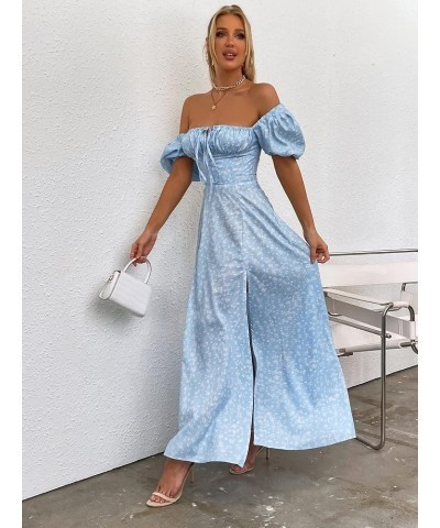 Women's Puff Sleeve Floral Maxi Dress Elegant Square Neck Cottagecore Boho Split Long Dresses Vintage A-line Dress A-010 $17....