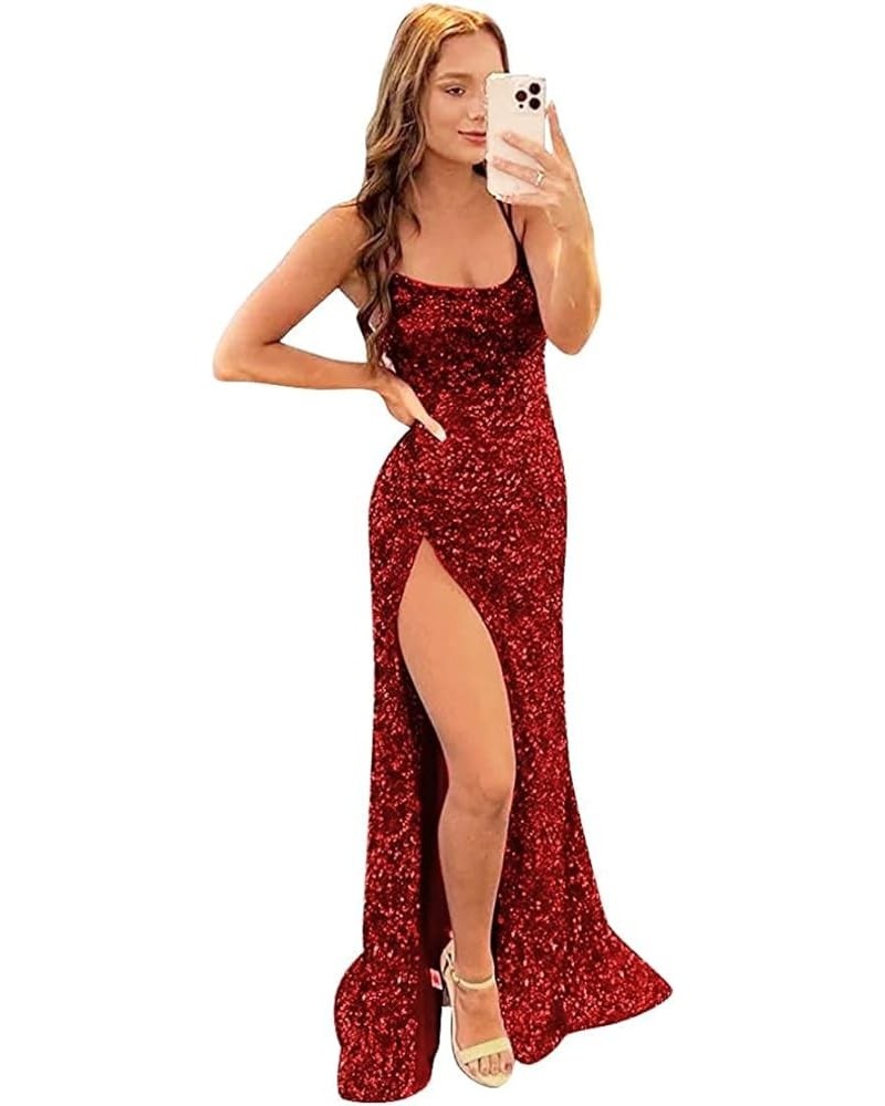 Spaghetti Straps Sequin Prom Dresses for Women Long Mermaid Formal Gowns Sparkly Evening Dresses with Slit Wine Red $40.48 Dr...