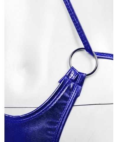 Women's Shiny Metallic Lingerie Sling Shot One-Piece Mini Bikini Thong Leotard Swimsuit Deep Blue $8.97 Swimsuits