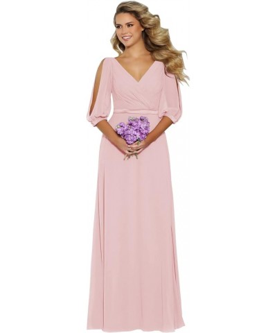 Women's Short Sleeve Bridesmaid Dresses for Wedding Long V Neck Chiffon Modest Party Evening Gowns Blush Pink $31.89 Dresses