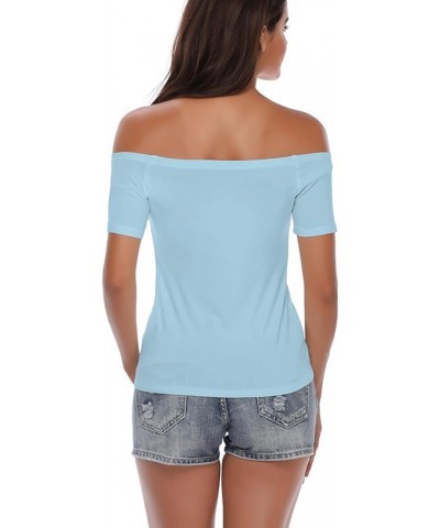 Women's Off Shoulder Tops, One Shoulder Shirts, Short Sleeves Sexy Slim Fit Tees Light Blue $10.78 T-Shirts