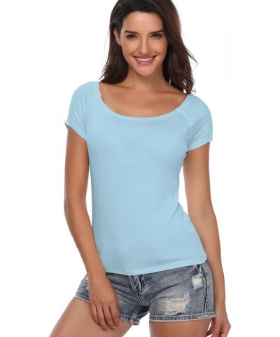 Women's Off Shoulder Tops, One Shoulder Shirts, Short Sleeves Sexy Slim Fit Tees Light Blue $10.78 T-Shirts