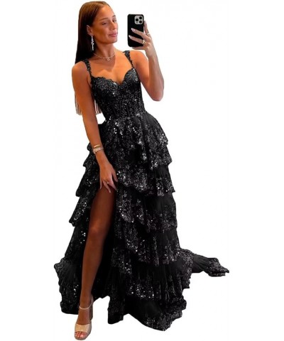 Women's Spaghetti Straps Sparkly Tulle Prom Dress 2024 Long Slit Lace Tiered Formal Evening Gowns Corset Wedding Dress Black ...