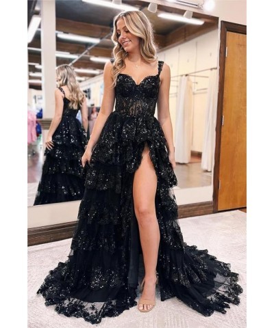 Women's Spaghetti Straps Sparkly Tulle Prom Dress 2024 Long Slit Lace Tiered Formal Evening Gowns Corset Wedding Dress Black ...