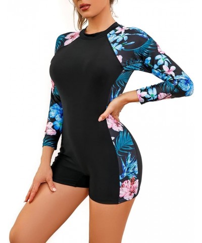 Women One Piece Bathing Suit Short Sleeve Tummy Control Swimsuit Zipper Surfing UPF 50+ Rash Guard Blue Flower $13.67 Swimsuits