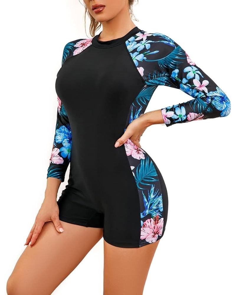 Women One Piece Bathing Suit Short Sleeve Tummy Control Swimsuit Zipper Surfing UPF 50+ Rash Guard Blue Flower $13.67 Swimsuits