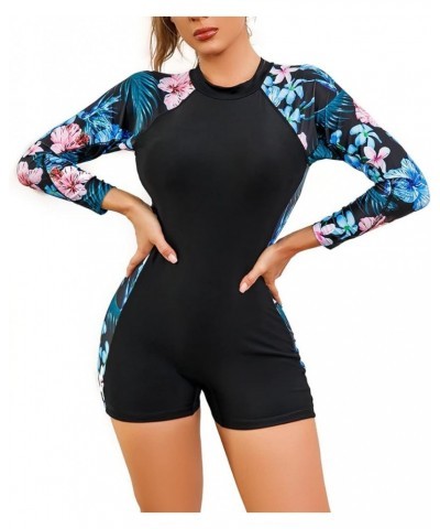 Women One Piece Bathing Suit Short Sleeve Tummy Control Swimsuit Zipper Surfing UPF 50+ Rash Guard Blue Flower $13.67 Swimsuits