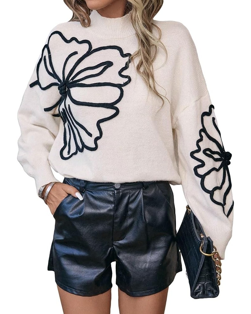 Women's Floral Printed Mock Neck Long Sleeve Sweater Tops Jumper Beige $15.84 Sweaters