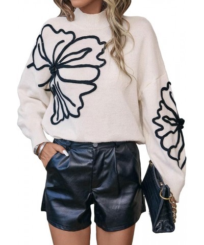 Women's Floral Printed Mock Neck Long Sleeve Sweater Tops Jumper Beige $15.84 Sweaters