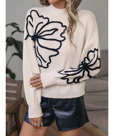 Women's Floral Printed Mock Neck Long Sleeve Sweater Tops Jumper Beige $15.84 Sweaters