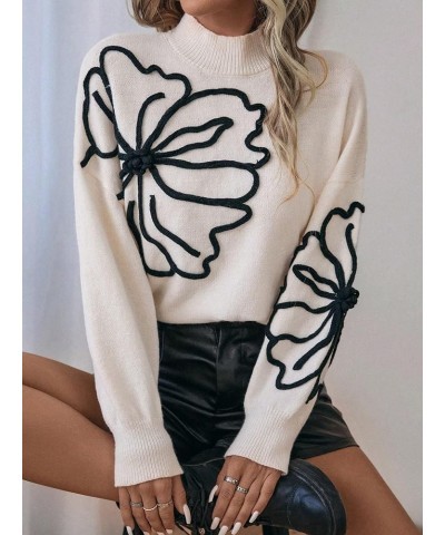 Women's Floral Printed Mock Neck Long Sleeve Sweater Tops Jumper Beige $15.84 Sweaters