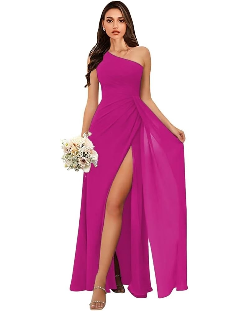 Women's One Shoulder Bridesmaid Dresses for Wedding Long Chiffon Ruched A Line Formal Party Dresses with Slit Fuchsia $33.74 ...