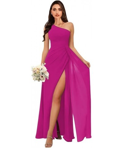 Women's One Shoulder Bridesmaid Dresses for Wedding Long Chiffon Ruched A Line Formal Party Dresses with Slit Fuchsia $33.74 ...