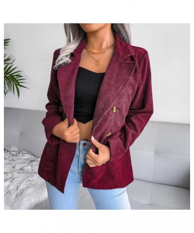 Women Double Breasted Corduroy Jacket Long Sleeve Work Office Casual Boyfriend Blazer Women Utility Jacket Wine $10.72 Blazers