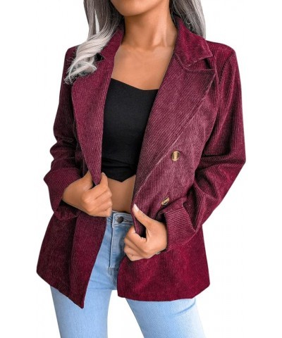 Women Double Breasted Corduroy Jacket Long Sleeve Work Office Casual Boyfriend Blazer Women Utility Jacket Wine $10.72 Blazers