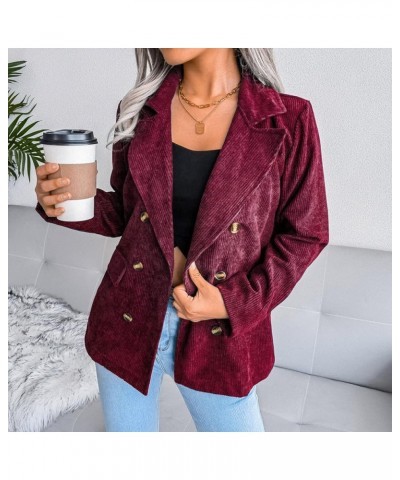 Women Double Breasted Corduroy Jacket Long Sleeve Work Office Casual Boyfriend Blazer Women Utility Jacket Wine $10.72 Blazers