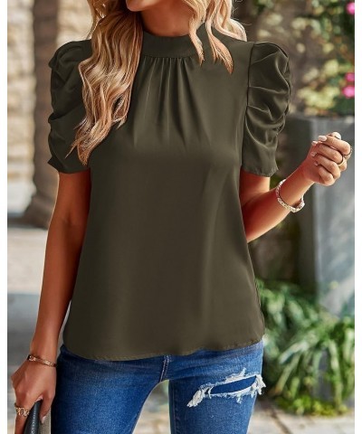 Women's Summer Boho Shirt Top Ruffle Short Sleeve Frill Trim Mock Neck Floral Solid 2024 Casual Blouses Shirts Tops Solid Arm...