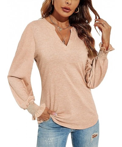 Women's Casual V-Neck T-Shirts Loose Puff Long Sleeve Tops Tunic Blouses Long Sleeve-apricot $18.23 Blouses