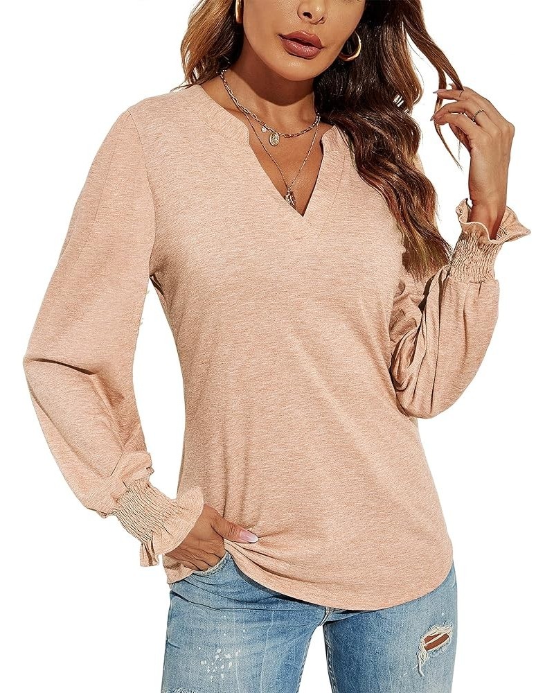 Women's Casual V-Neck T-Shirts Loose Puff Long Sleeve Tops Tunic Blouses Long Sleeve-apricot $18.23 Blouses