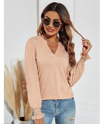 Women's Casual V-Neck T-Shirts Loose Puff Long Sleeve Tops Tunic Blouses Long Sleeve-apricot $18.23 Blouses