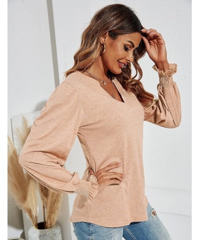 Women's Casual V-Neck T-Shirts Loose Puff Long Sleeve Tops Tunic Blouses Long Sleeve-apricot $18.23 Blouses