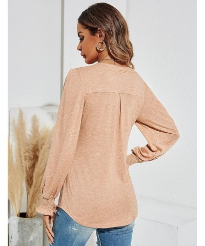 Women's Casual V-Neck T-Shirts Loose Puff Long Sleeve Tops Tunic Blouses Long Sleeve-apricot $18.23 Blouses