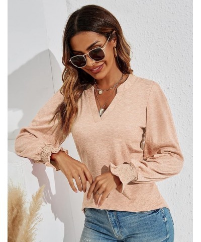 Women's Casual V-Neck T-Shirts Loose Puff Long Sleeve Tops Tunic Blouses Long Sleeve-apricot $18.23 Blouses