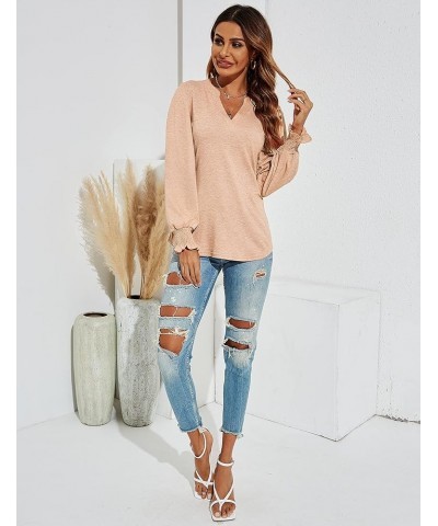 Women's Casual V-Neck T-Shirts Loose Puff Long Sleeve Tops Tunic Blouses Long Sleeve-apricot $18.23 Blouses