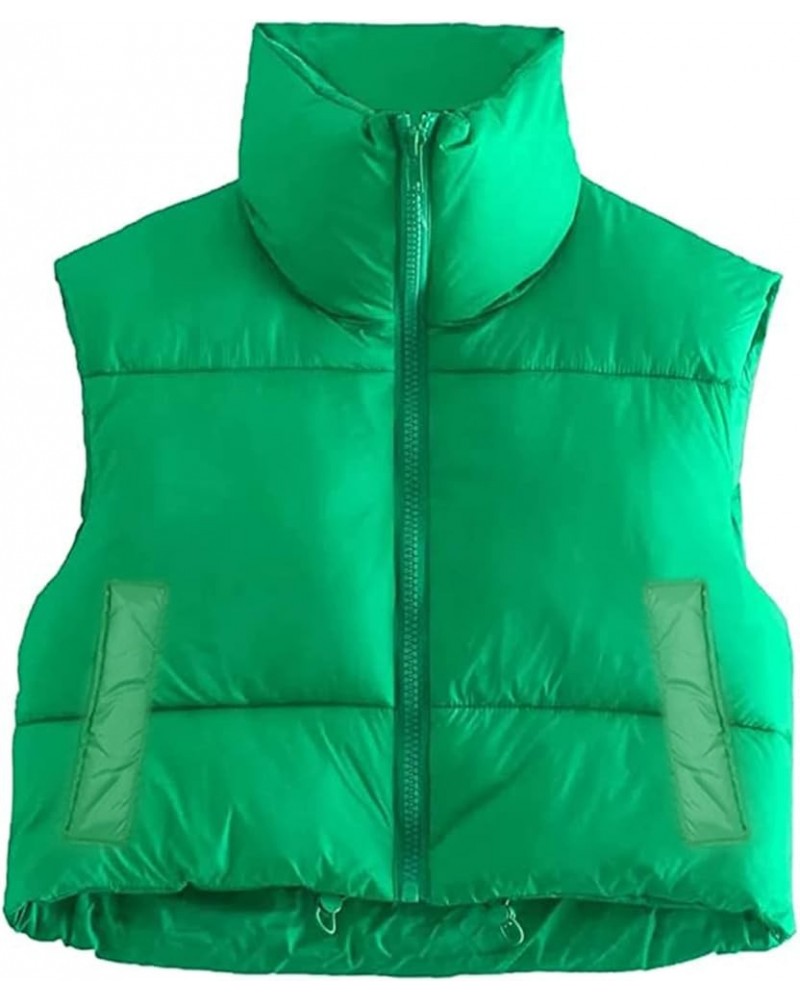 Women Cropped Puffer Vest Lightweight Sleeveless Cotton Padded Coat Gilet Streetwear B1 Green With Pockets $16.82 Vests