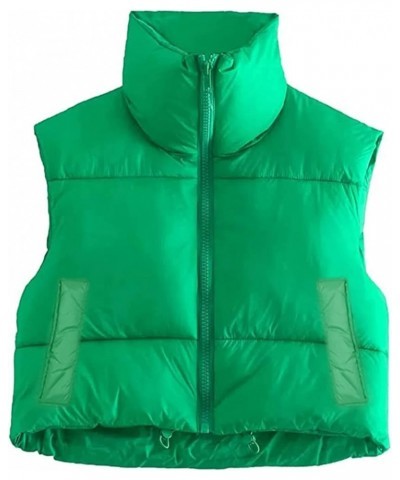 Women Cropped Puffer Vest Lightweight Sleeveless Cotton Padded Coat Gilet Streetwear B1 Green With Pockets $16.82 Vests