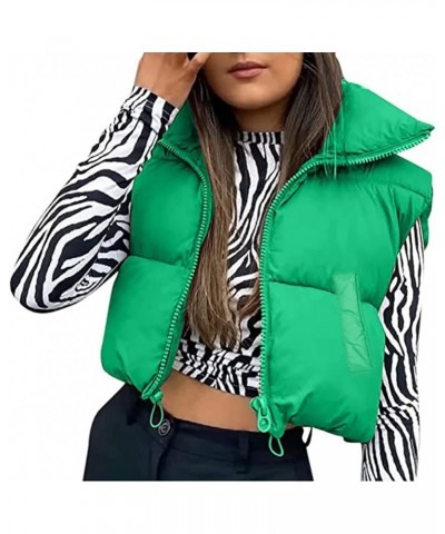 Women Cropped Puffer Vest Lightweight Sleeveless Cotton Padded Coat Gilet Streetwear B1 Green With Pockets $16.82 Vests