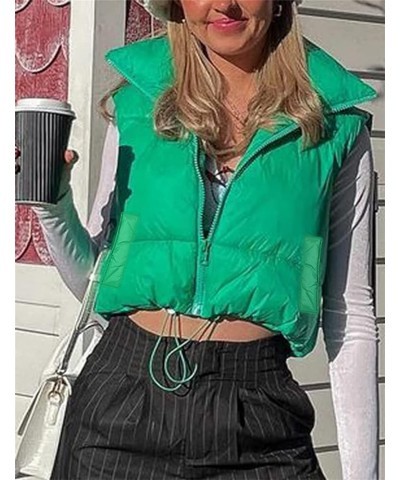 Women Cropped Puffer Vest Lightweight Sleeveless Cotton Padded Coat Gilet Streetwear B1 Green With Pockets $16.82 Vests