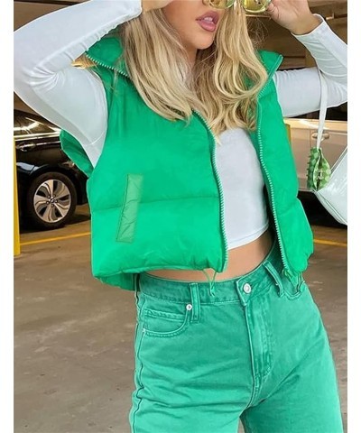 Women Cropped Puffer Vest Lightweight Sleeveless Cotton Padded Coat Gilet Streetwear B1 Green With Pockets $16.82 Vests