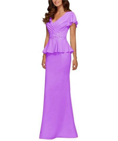 Women's V Neck Chiffon Peplum Mother of Bride Dress Beaded Applique Evening Dress Lilac $38.25 Dresses