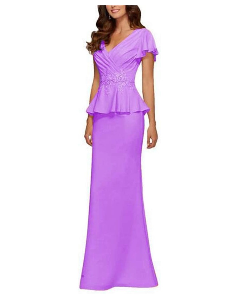 Women's V Neck Chiffon Peplum Mother of Bride Dress Beaded Applique Evening Dress Lilac $38.25 Dresses