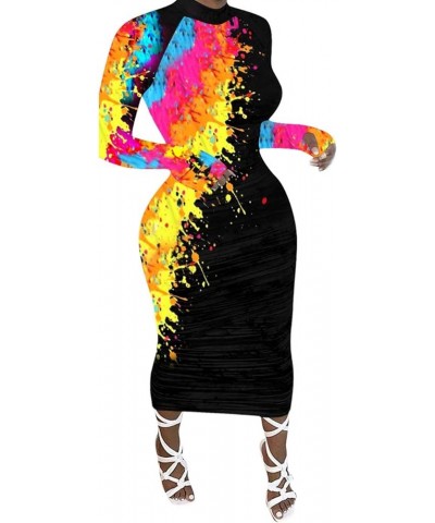 Women's Splatter Paint Mock Neck Long Sleeve Color Contrast Bodycon Party Club Slim Sheath Maxi Long Pencil Dress Black1 $16....