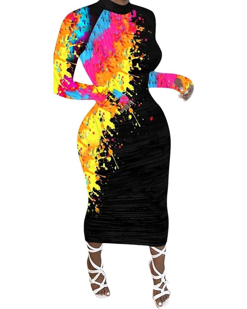 Women's Splatter Paint Mock Neck Long Sleeve Color Contrast Bodycon Party Club Slim Sheath Maxi Long Pencil Dress Black1 $16....