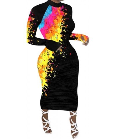 Women's Splatter Paint Mock Neck Long Sleeve Color Contrast Bodycon Party Club Slim Sheath Maxi Long Pencil Dress Black1 $16....